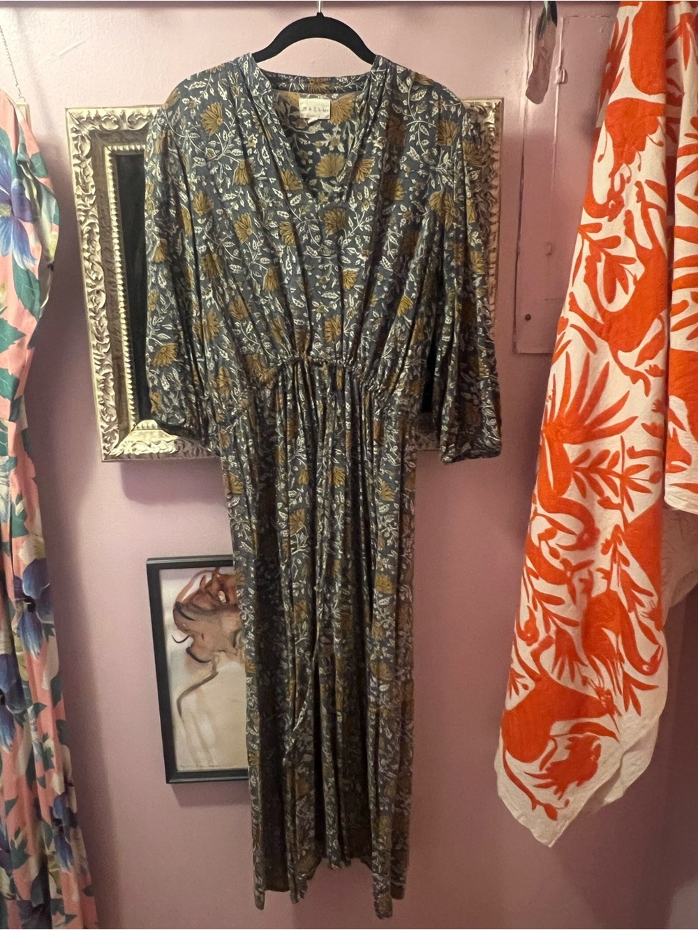 Maelu block print blue/Gray & Mustard midi Sleeve Maxi Dress